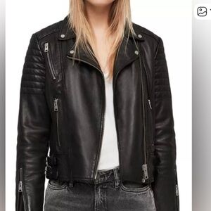All Saints Black Quilted-Sleeve Leather Biker Jacket
